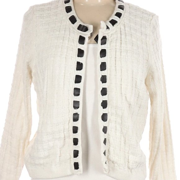 New York & Company Sweaters - 🦓 Stunning White & Silver Metallic Cardigan with Black Satin Ribbon Trim - M
